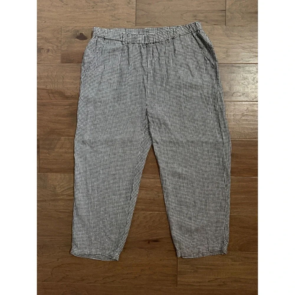 Quince Womens Black White Gingham 100% Linen Elastic Waist Pants XL Tapered